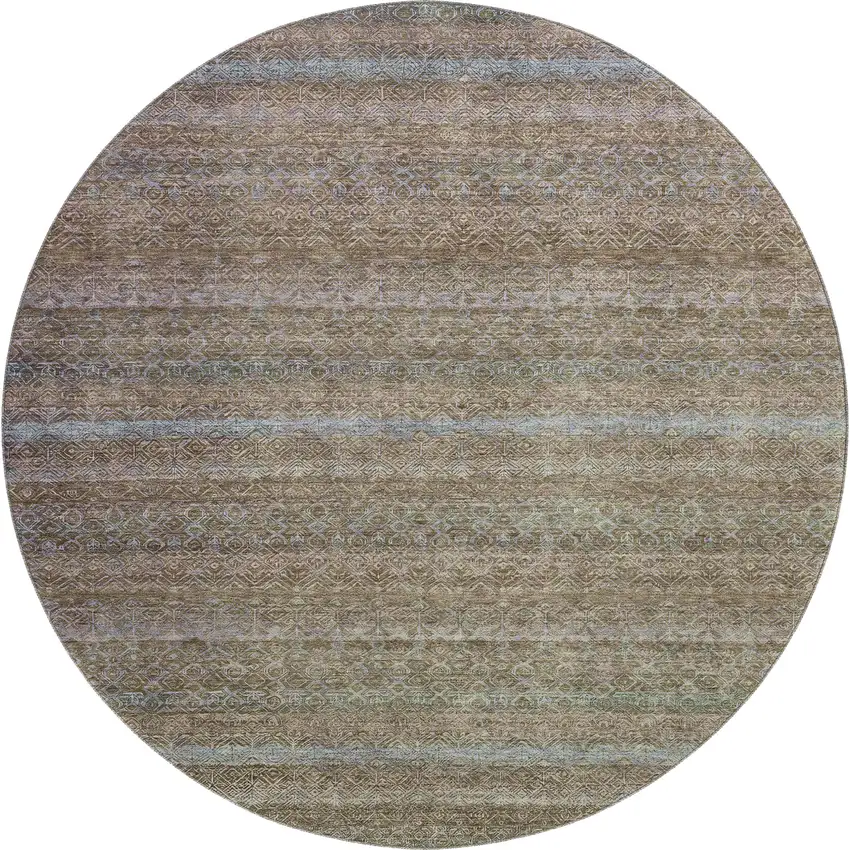 8' Brown And Blue Striped Washable Round Rug With UV Protection Photo 1