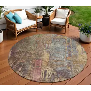 Photo of 8' Brown And Blush Round Abstract Washable Indoor Outdoor Area Rug