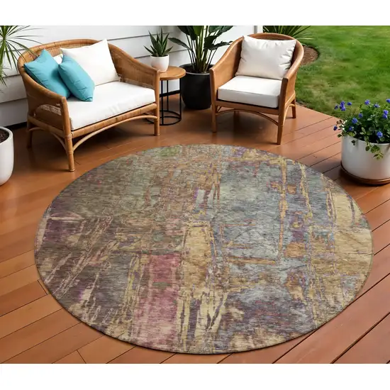 8' Brown And Blush Round Abstract Washable Indoor Outdoor Area Rug Photo 1
