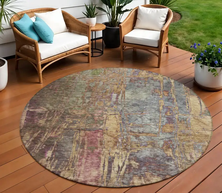 8' Brown And Blush Round Abstract Washable Indoor Outdoor Area Rug Photo 1