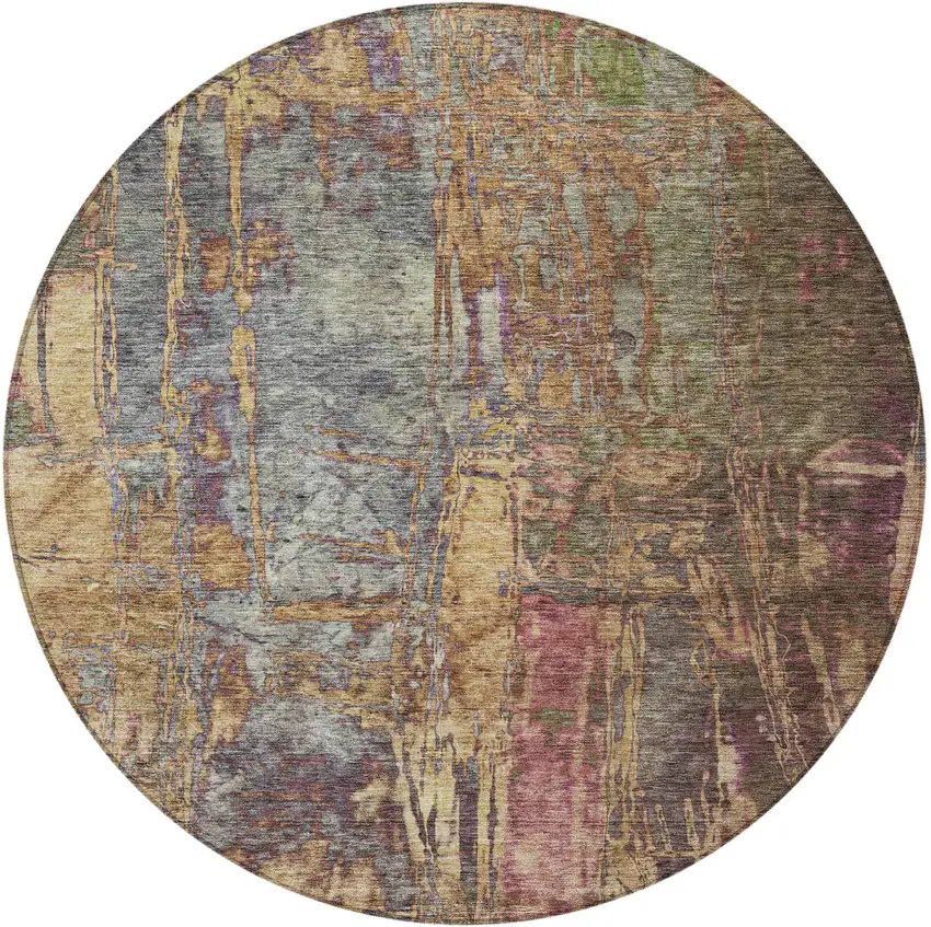 8' Brown And Blush Round Abstract Washable Indoor Outdoor Area Rug Photo 5
