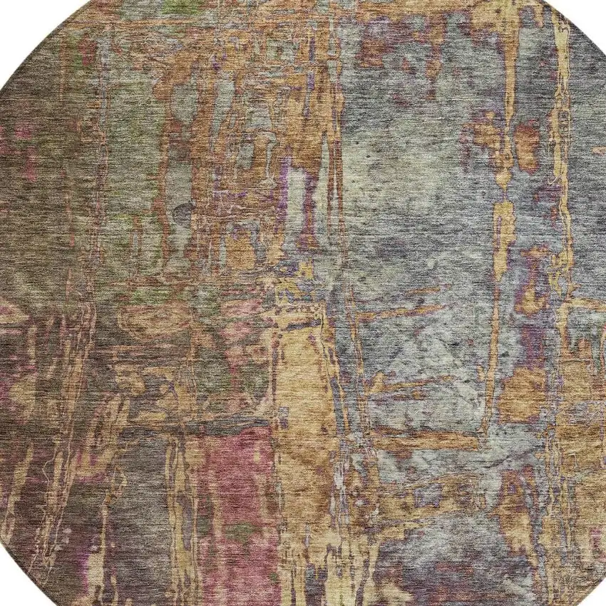 8' Brown And Blush Round Abstract Washable Indoor Outdoor Area Rug Photo 8