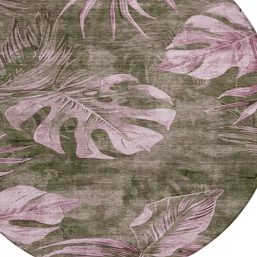 8' Brown And Blush Round Floral Washable Indoor Outdoor Area Rug Photo 9
