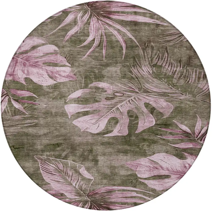 8' Brown And Blush Round Floral Washable Indoor Outdoor Area Rug Photo 3