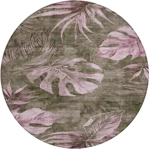 Photo of 8' Brown And Blush Round Floral Washable Indoor Outdoor Area Rug