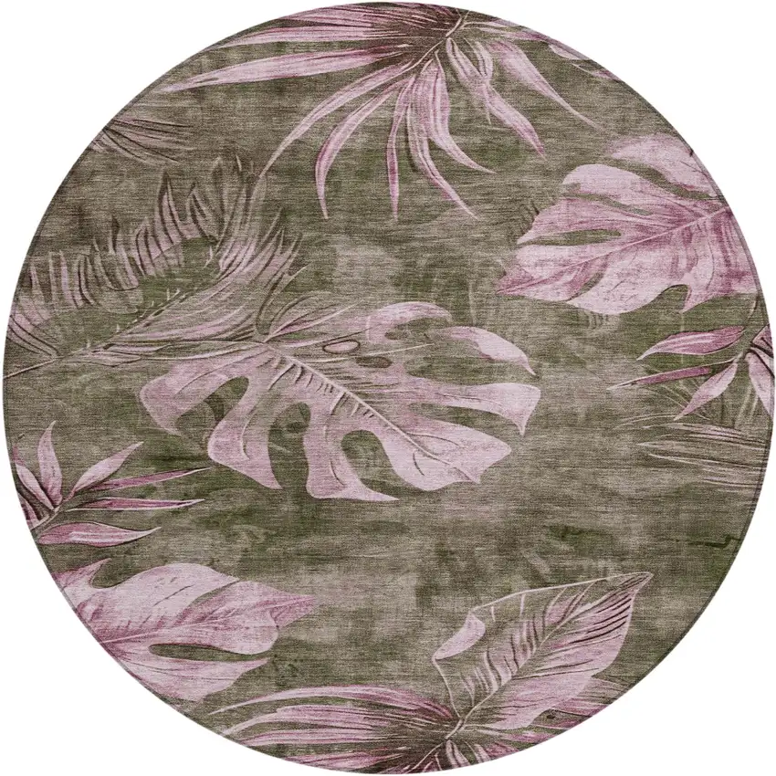 8' Brown And Blush Round Floral Washable Indoor Outdoor Area Rug Photo 1