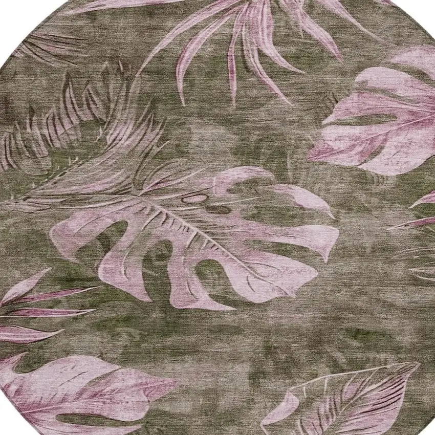 8' Brown And Blush Round Floral Washable Indoor Outdoor Area Rug Photo 4