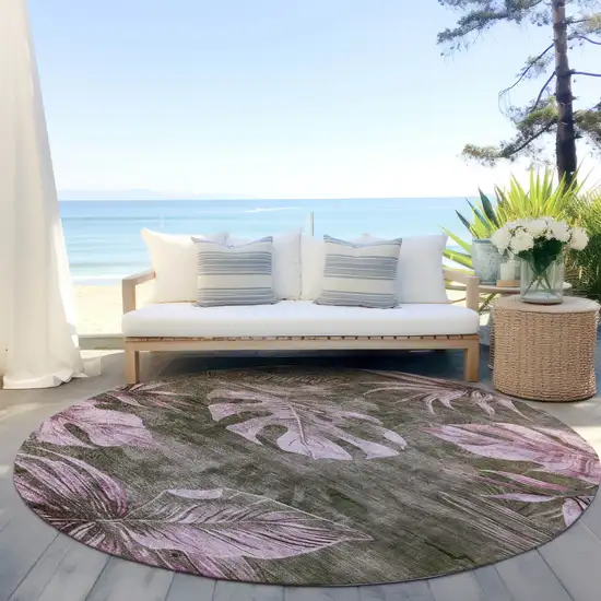 8' Brown And Blush Round Floral Washable Indoor Outdoor Area Rug Photo 6