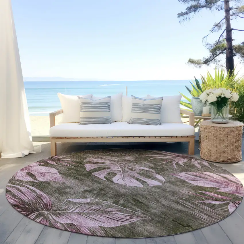 8' Brown And Blush Round Floral Washable Indoor Outdoor Area Rug Photo 6