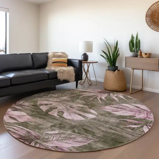 8' Brown And Blush Round Floral Washable Indoor Outdoor Area Rug Photo 7