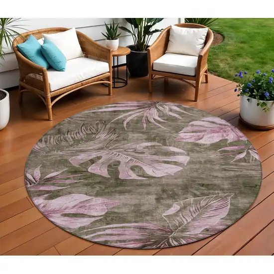 8' Brown And Blush Round Floral Washable Indoor Outdoor Area Rug Photo 2
