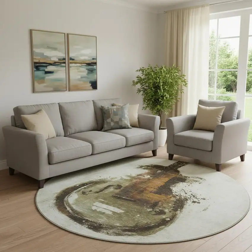 8' Brown And Charcoal Abstract Washable Round Rug With UV Protection Photo 2