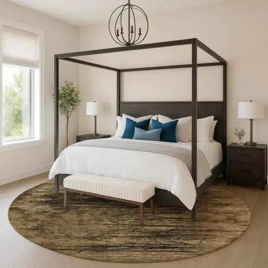 8' Brown And Charcoal Floral Washable Round Rug With UV Protection Photo 5