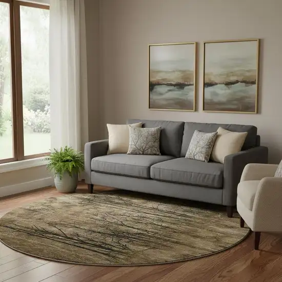 8' Brown And Charcoal Floral Washable Round Rug With UV Protection Photo 2