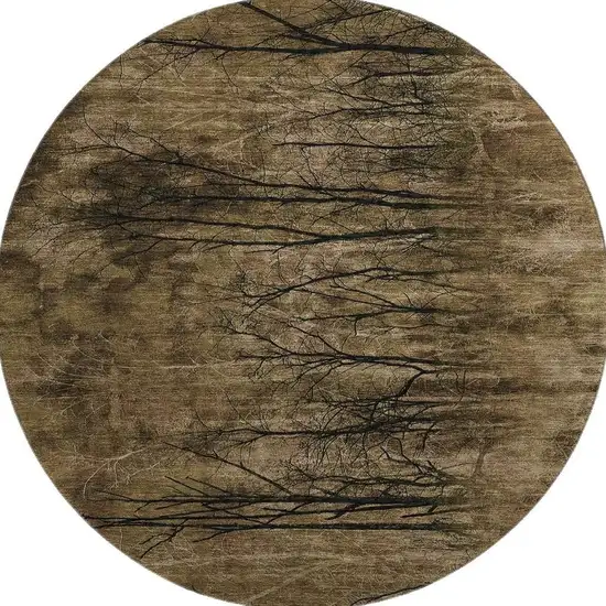 8' Brown And Charcoal Floral Washable Round Rug With UV Protection Photo 4