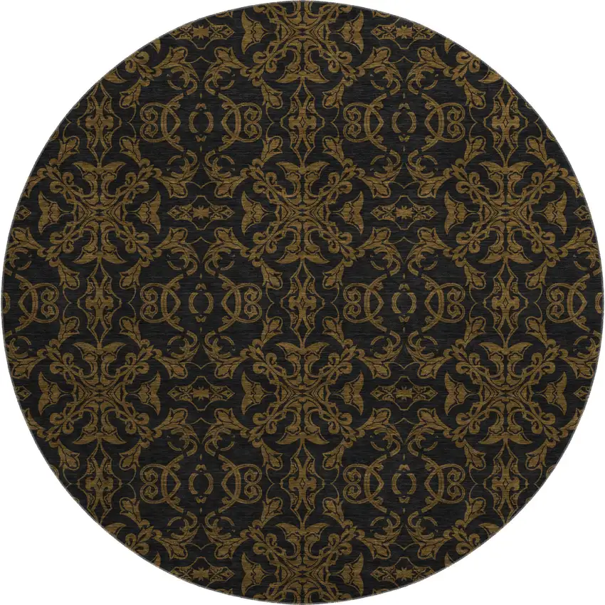 8' Brown And Charcoal Medallion Washable Round Rug With UV Protection Photo 1