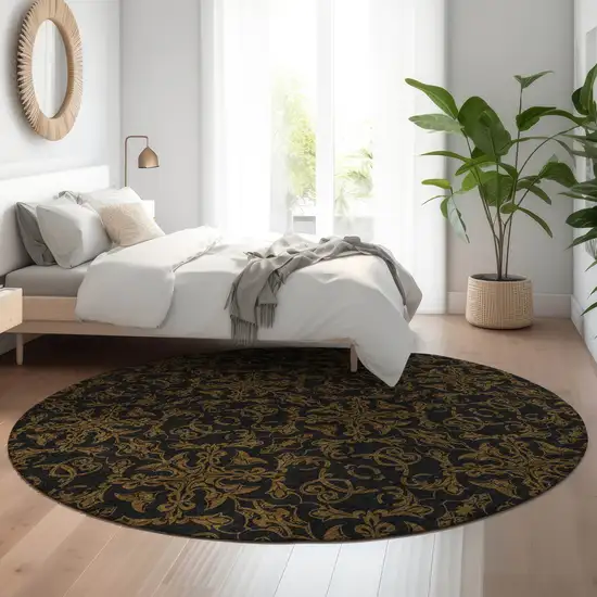 8' Brown And Charcoal Medallion Washable Round Rug With UV Protection Photo 5