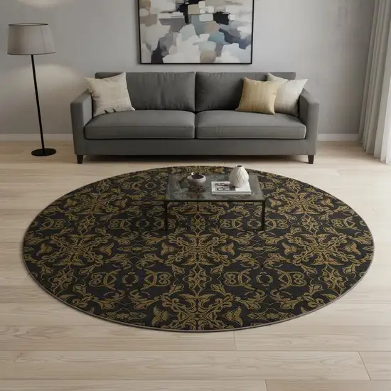 8' Brown And Charcoal Medallion Washable Round Rug With UV Protection Photo 2