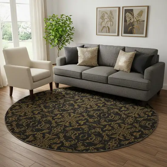 8' Brown And Charcoal Medallion Washable Round Rug With UV Protection Photo 1