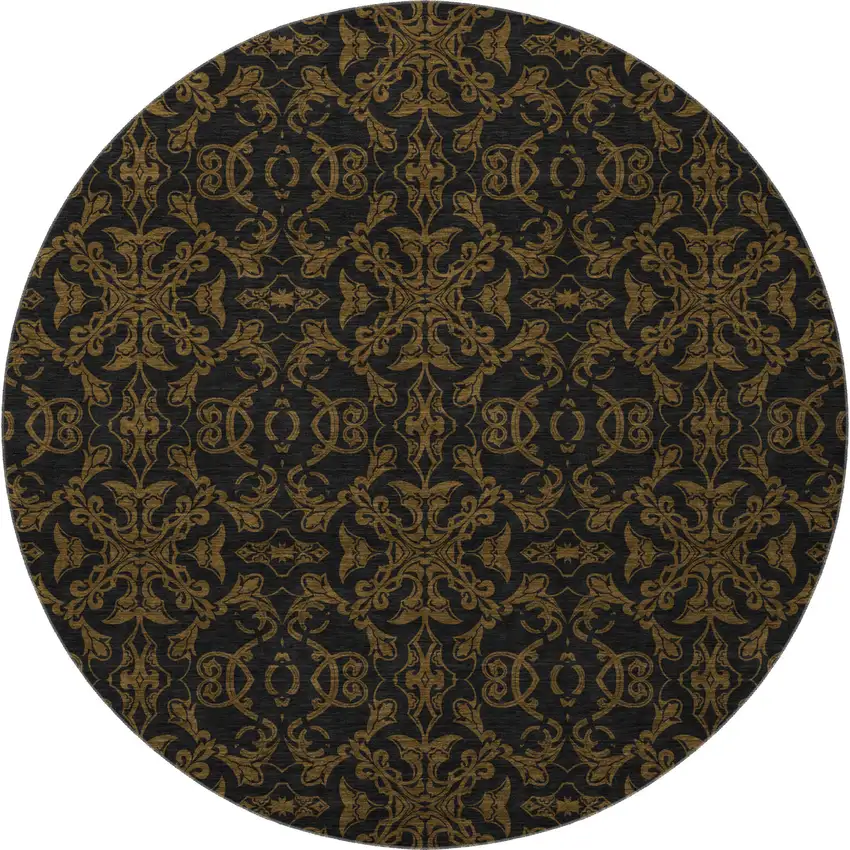 8' Brown And Charcoal Medallion Washable Round Rug With UV Protection Photo 4