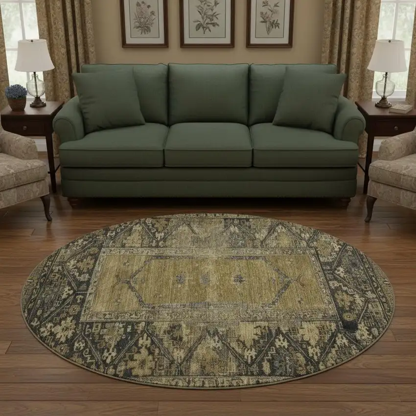 8' Brown And Charcoal Oriental Washable Round Rug With UV Protection Photo 2