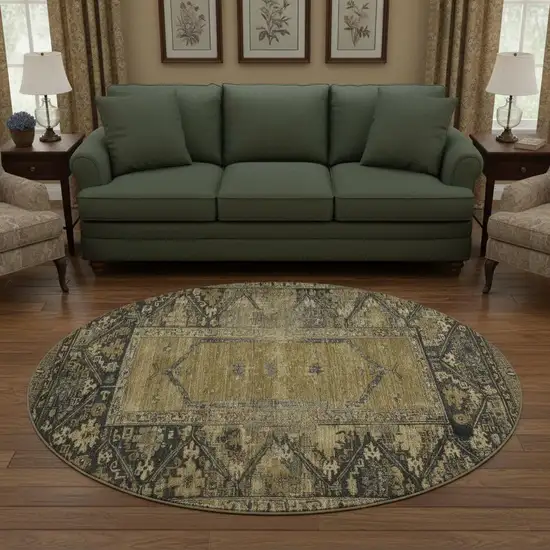 8' Brown And Charcoal Oriental Washable Round Rug With UV Protection Photo 2