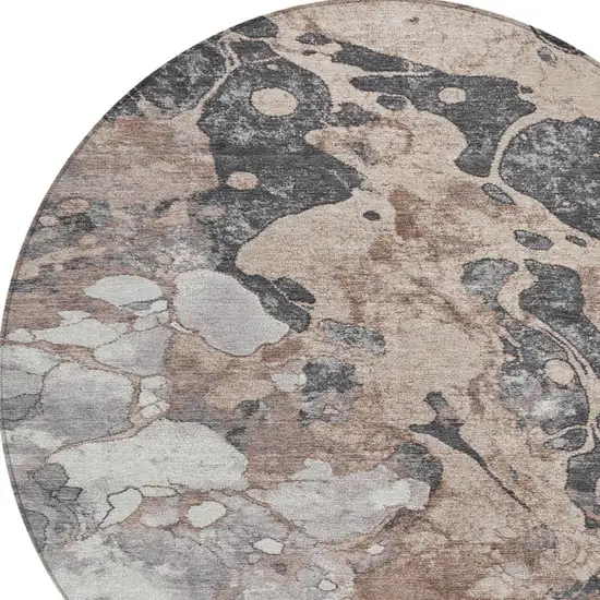 8' Brown And Charcoal Round Abstract Washable Indoor Outdoor Area Rug Photo 8