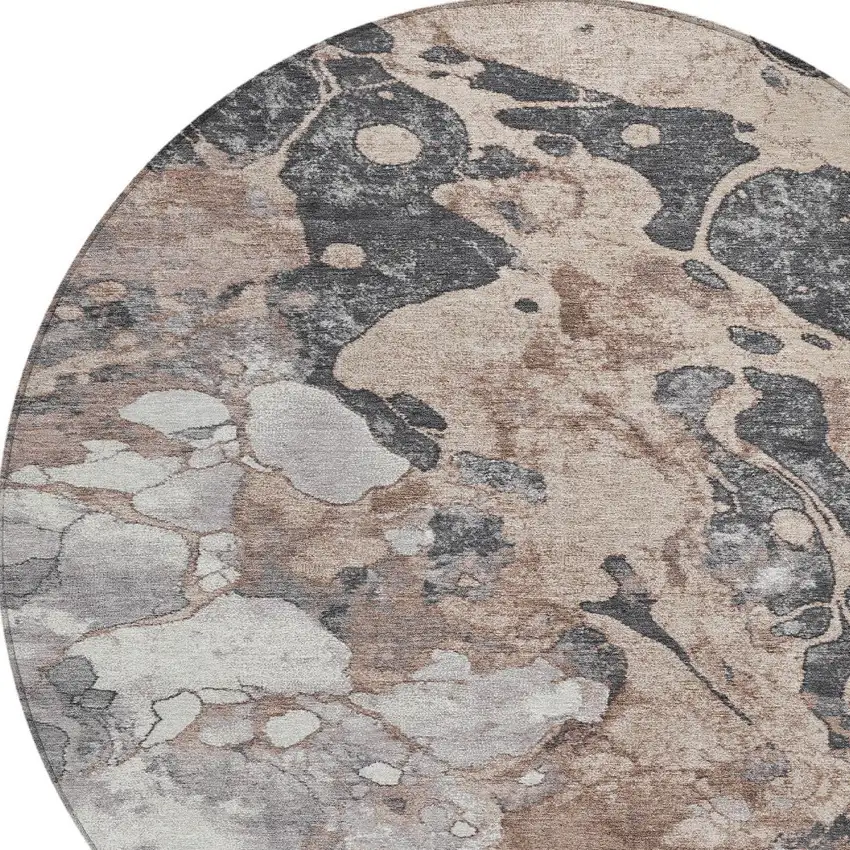 8' Brown And Charcoal Round Abstract Washable Indoor Outdoor Area Rug Photo 8