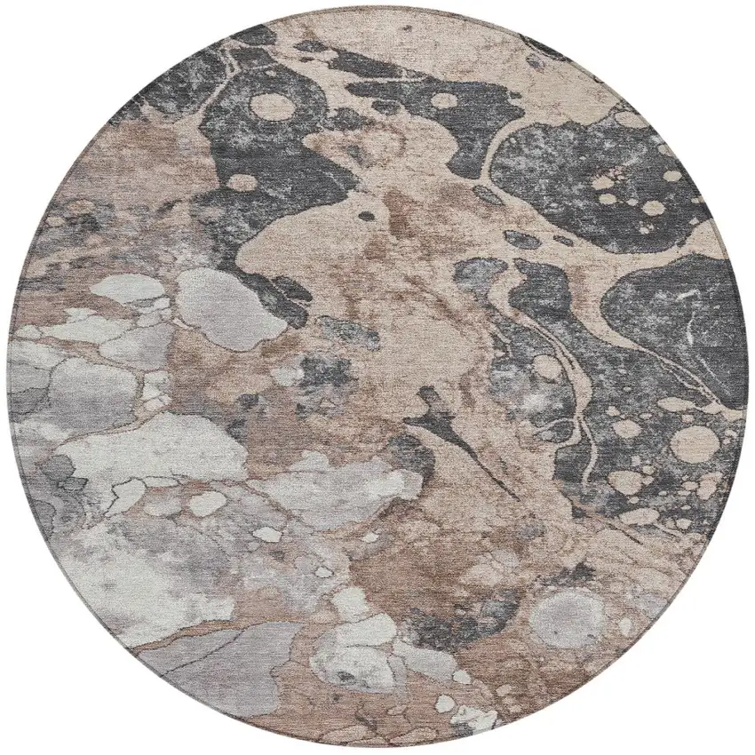8' Brown And Charcoal Round Abstract Washable Indoor Outdoor Area Rug Photo 3