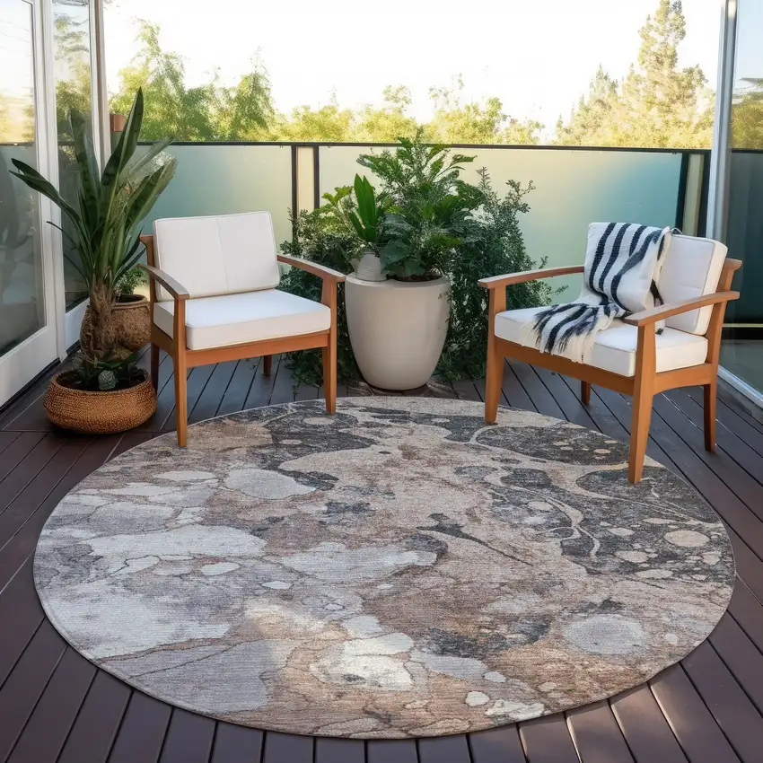 8' Brown And Charcoal Round Abstract Washable Indoor Outdoor Area Rug Photo 5