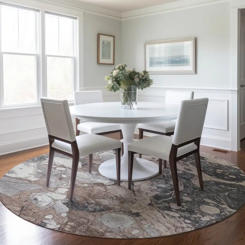 8' Brown And Charcoal Round Abstract Washable Indoor Outdoor Area Rug Photo 6