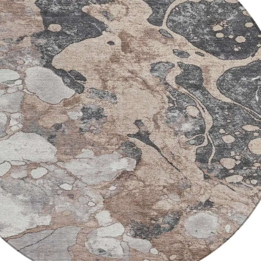 8' Brown And Charcoal Round Abstract Washable Indoor Outdoor Area Rug Photo 4