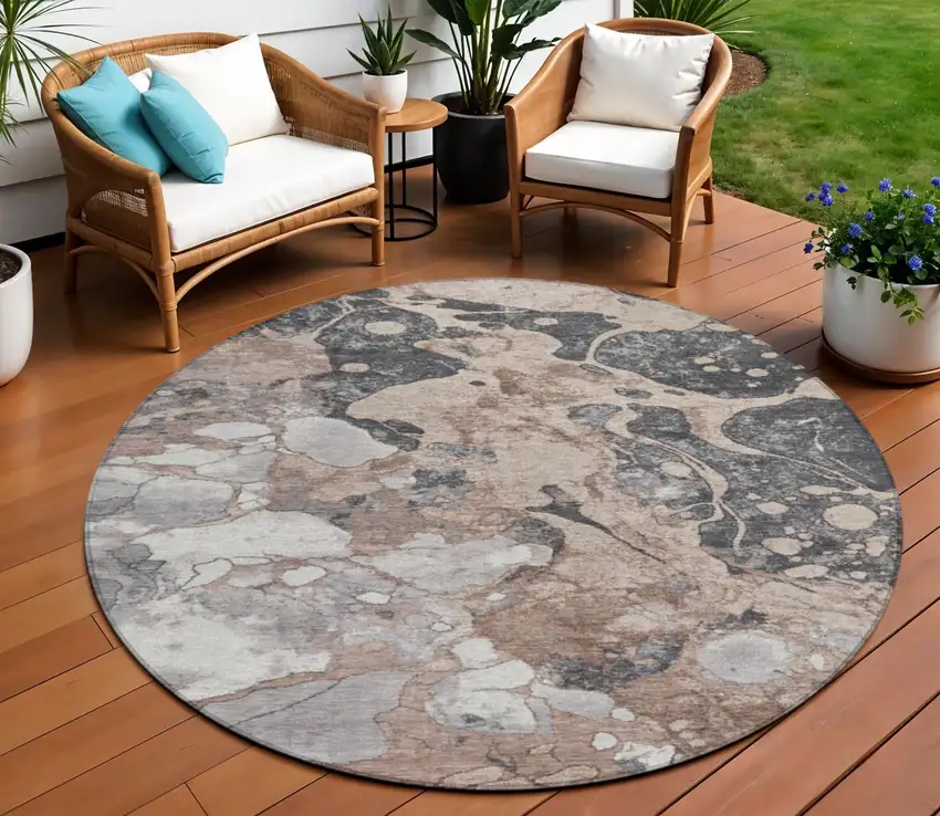 8' Brown And Charcoal Round Abstract Washable Indoor Outdoor Area Rug Photo 2