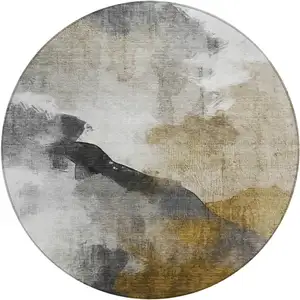 Photo of 8' Brown And Charcoal Round Abstract Washable Indoor Outdoor Area Rug