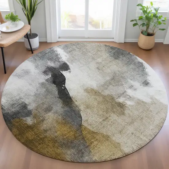 8' Brown And Charcoal Round Abstract Washable Indoor Outdoor Area Rug Photo 5