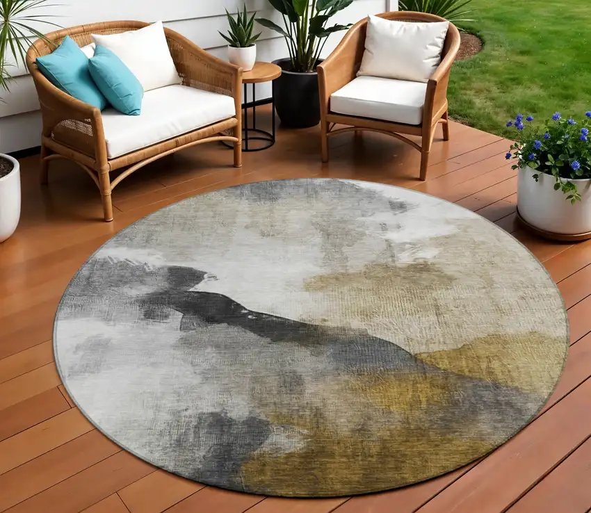8' Brown And Charcoal Round Abstract Washable Indoor Outdoor Area Rug Photo 2