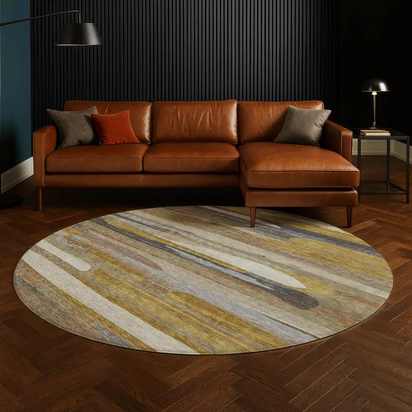 8' Brown And Charcoal Round Abstract Washable Indoor Outdoor Area Rug Photo 5