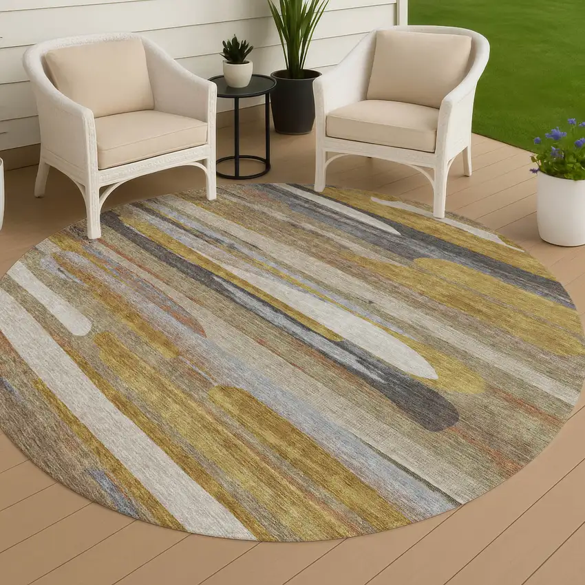 8' Brown And Charcoal Round Abstract Washable Indoor Outdoor Area Rug Photo 4