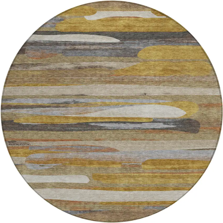 8' Brown And Charcoal Round Abstract Washable Indoor Outdoor Area Rug Photo 1