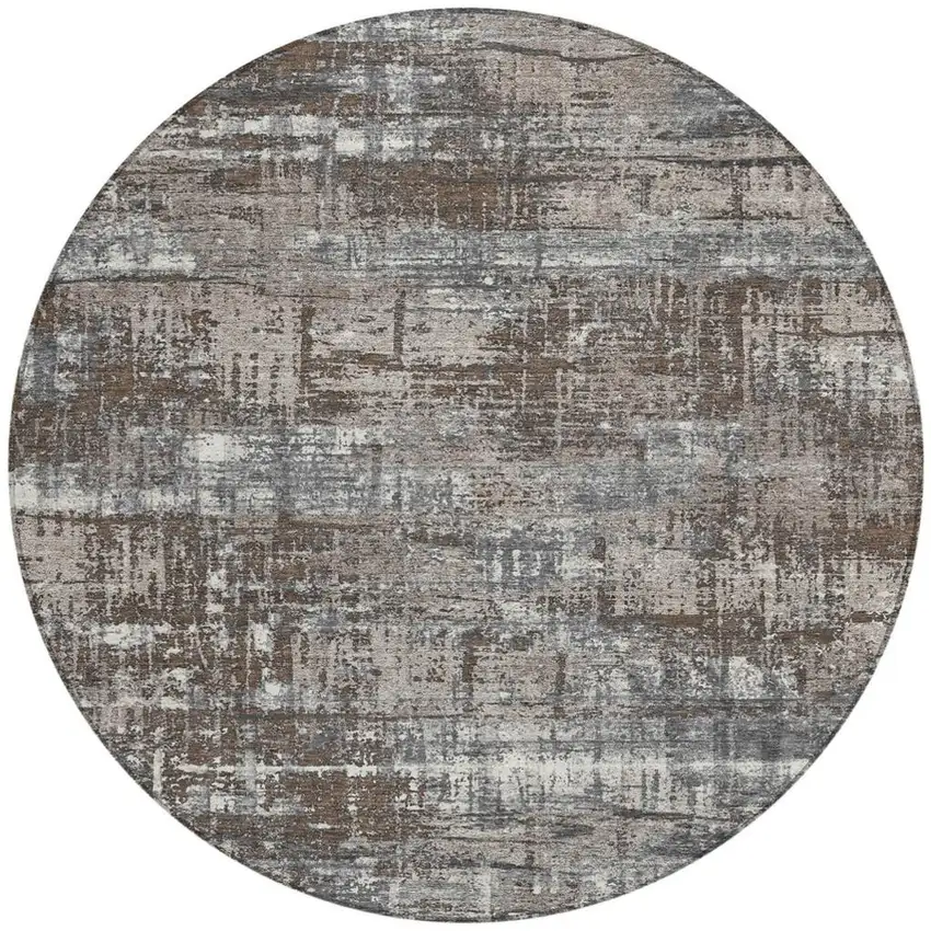 8' Brown And Charcoal Round Geometric Washable Indoor Outdoor Area Rug Photo 3