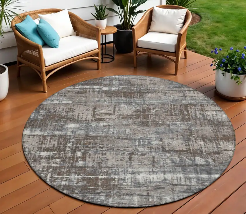 8' Brown And Charcoal Round Geometric Washable Indoor Outdoor Area Rug Photo 2