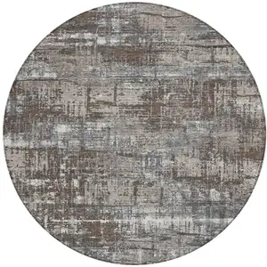 Photo of 8' Brown And Charcoal Round Geometric Washable Indoor Outdoor Area Rug