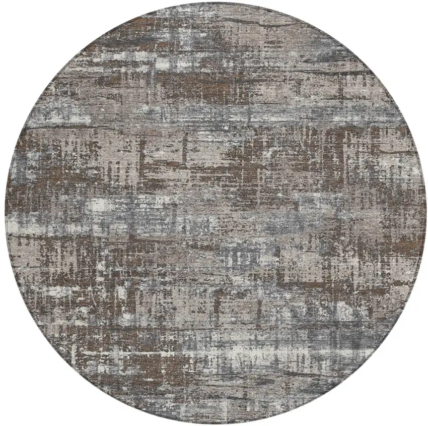 8' Brown And Charcoal Round Geometric Washable Indoor Outdoor Area Rug Photo 1