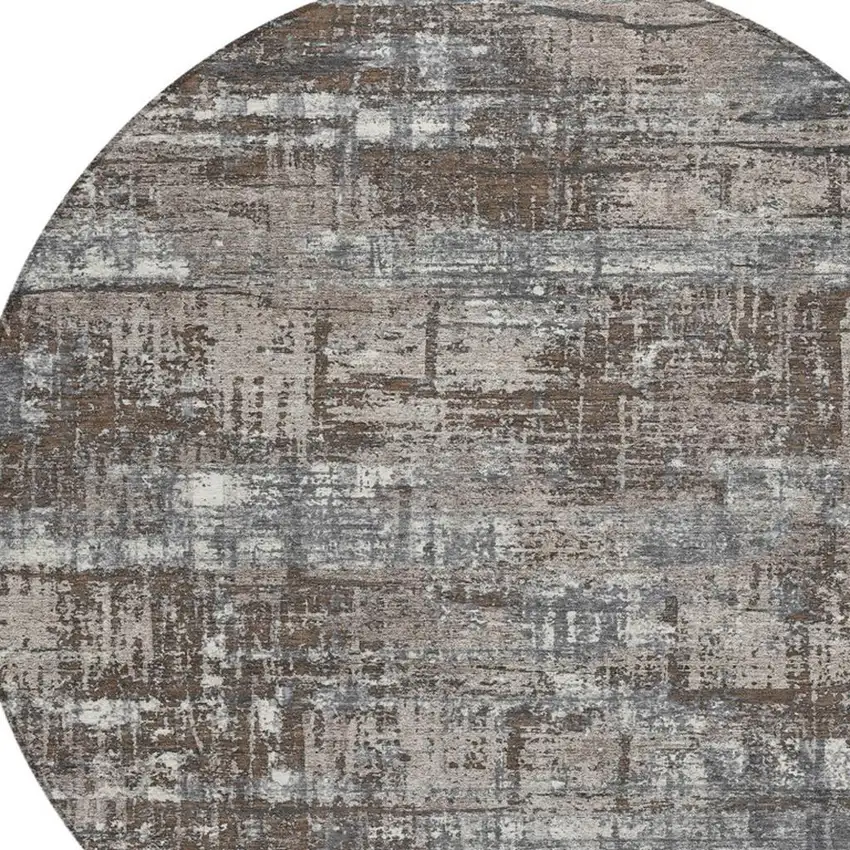 8' Brown And Charcoal Round Geometric Washable Indoor Outdoor Area Rug Photo 8