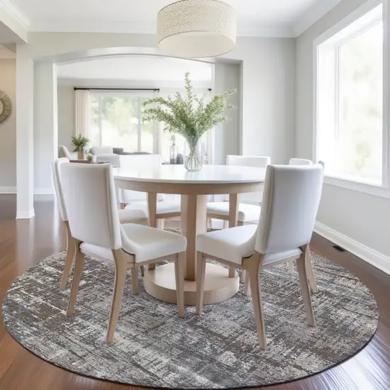 8' Brown And Charcoal Round Geometric Washable Indoor Outdoor Area Rug Photo 6