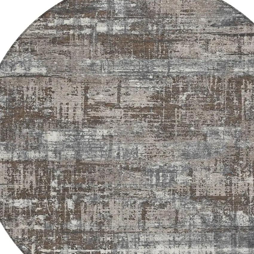 8' Brown And Charcoal Round Geometric Washable Indoor Outdoor Area Rug Photo 4