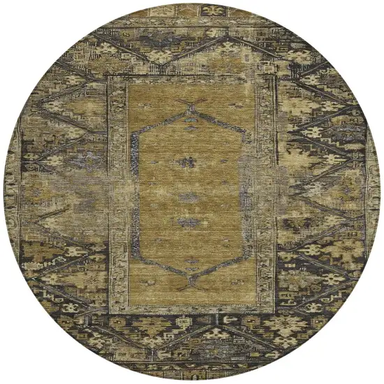 8' Brown And Charcoal Round Oriental Washable Indoor Outdoor Area Rug Photo 5