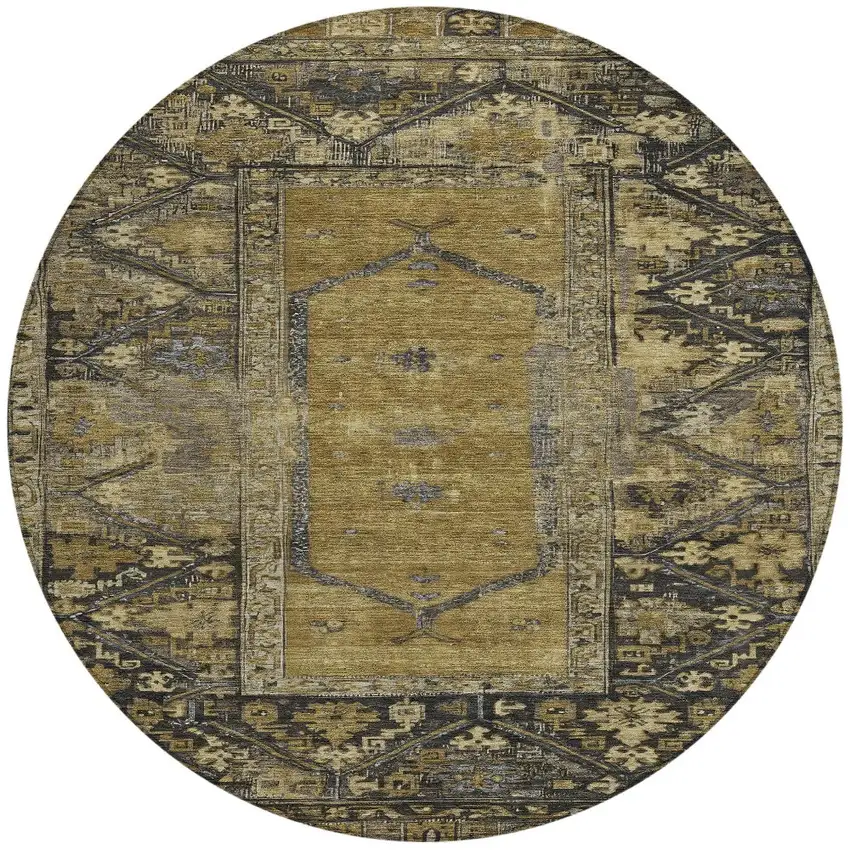 8' Brown And Charcoal Round Oriental Washable Indoor Outdoor Area Rug Photo 5
