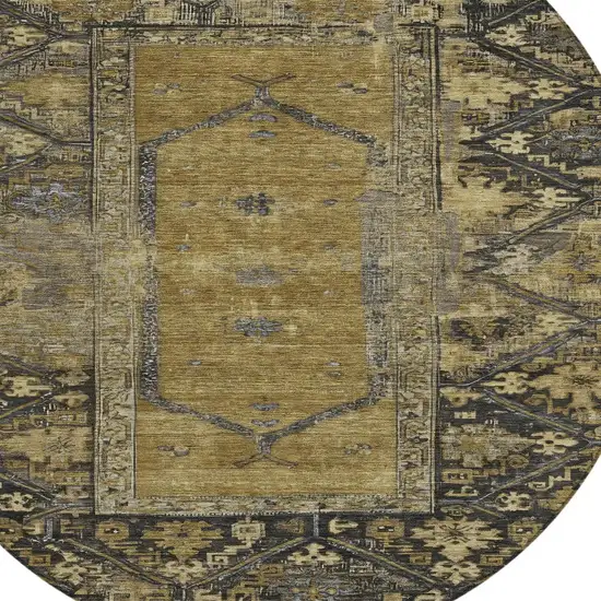 8' Brown And Charcoal Round Oriental Washable Indoor Outdoor Area Rug Photo 4