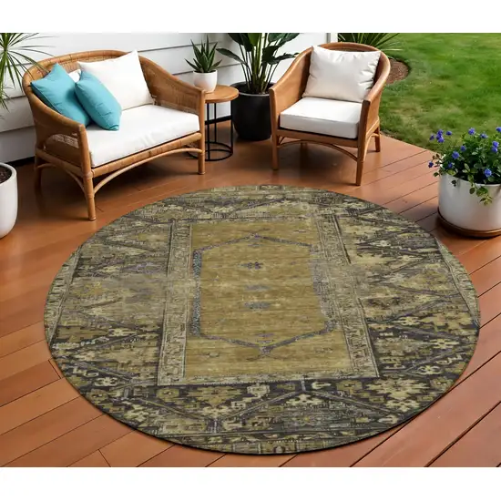 8' Brown And Charcoal Round Oriental Washable Indoor Outdoor Area Rug Photo 2